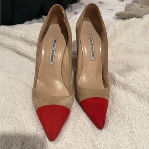Manolo Blahnik Tan and Red Suede Heels